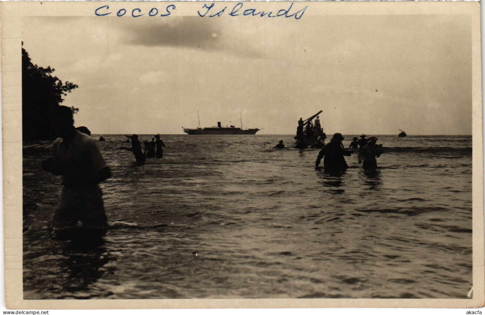 PC COCOS ISLANDS, A SHIP IN THE DISTANCE, Vintage Postcard (b53587)