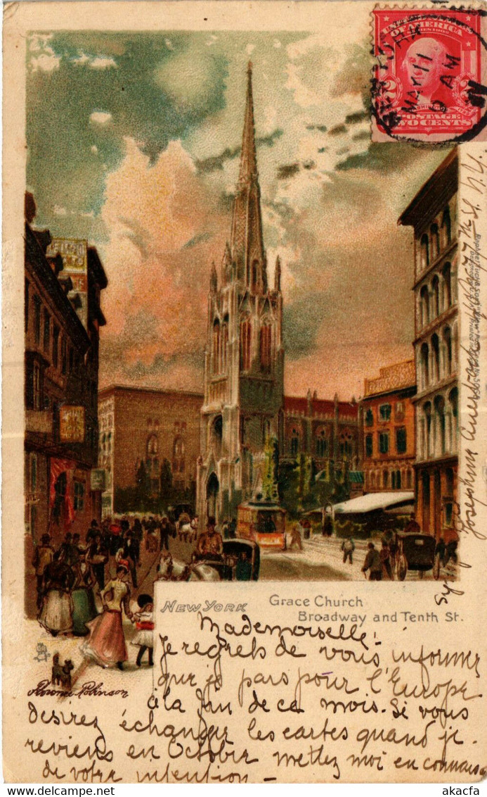 PC CPA US, NY, NEW YORK, GRACE CHURCH, BROADWAY, VINTAGE LITHO POSTCARD (b6452)