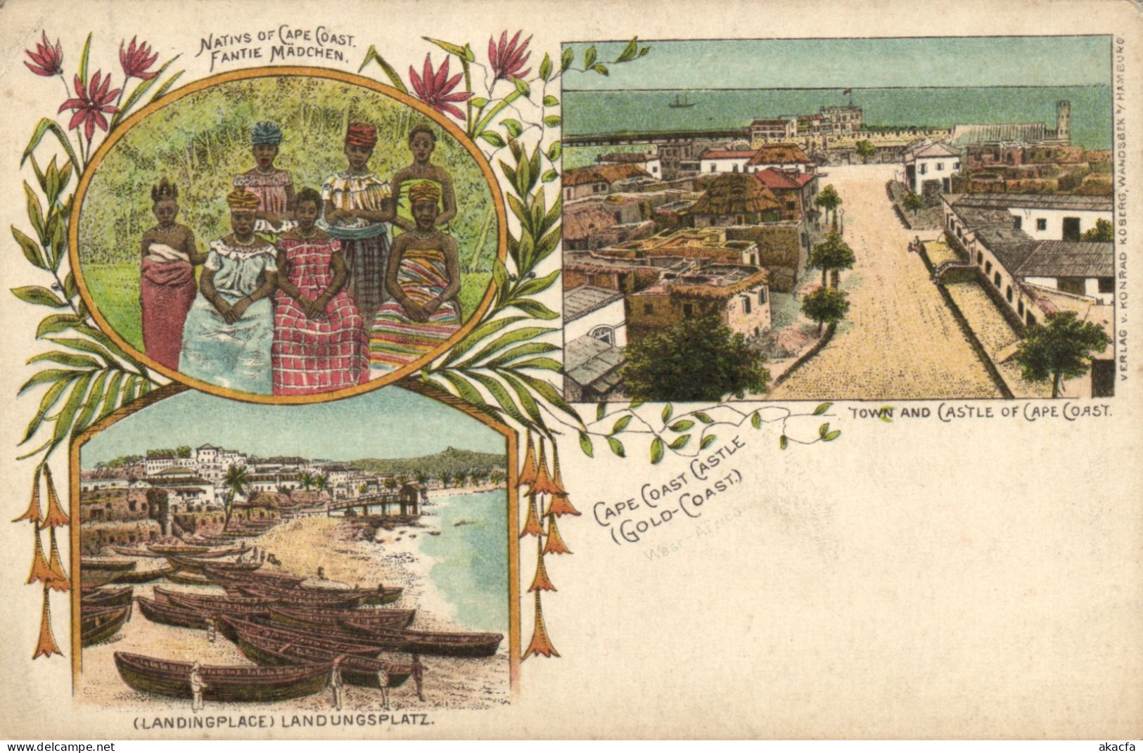 PC GHANA GOLD COAST CAPE COAST CASTLE SCENES VINTAGE LITHO POSTCARD (b69246)