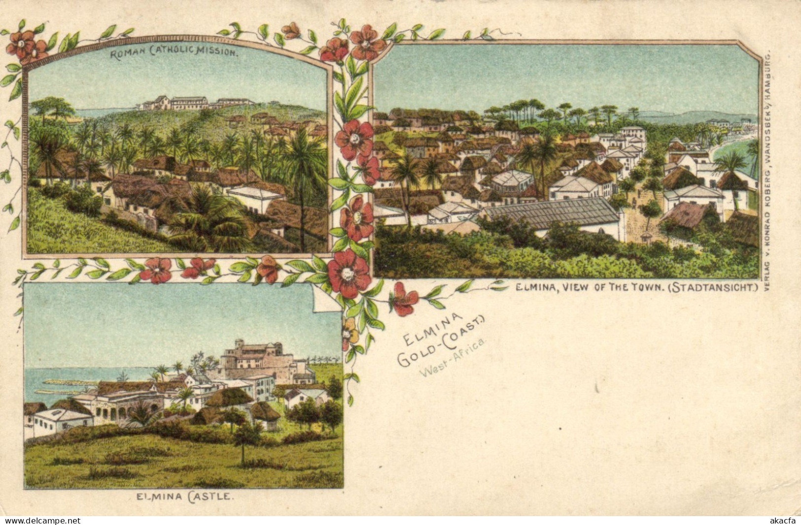 PC GHANA GOLD COAST ELMINA SCENES VINTAGE LITHO POSTCARD (b69251)