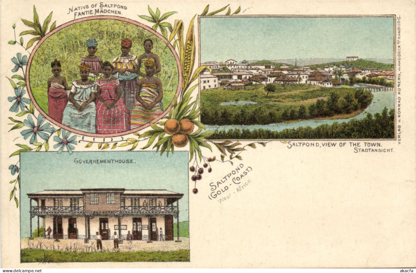 PC GHANA GOLD-COAST SALTPOND SCENES VINTAGE LITHO POSTCARD (b69226)