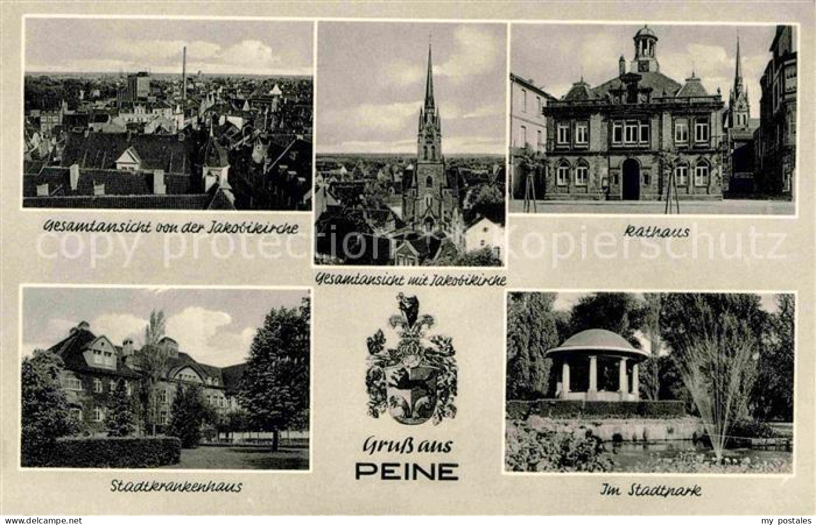 Peine Rathaus Fliegeraufnahme mit Jakobikirche Stadtkrankenhaus Stadtpark