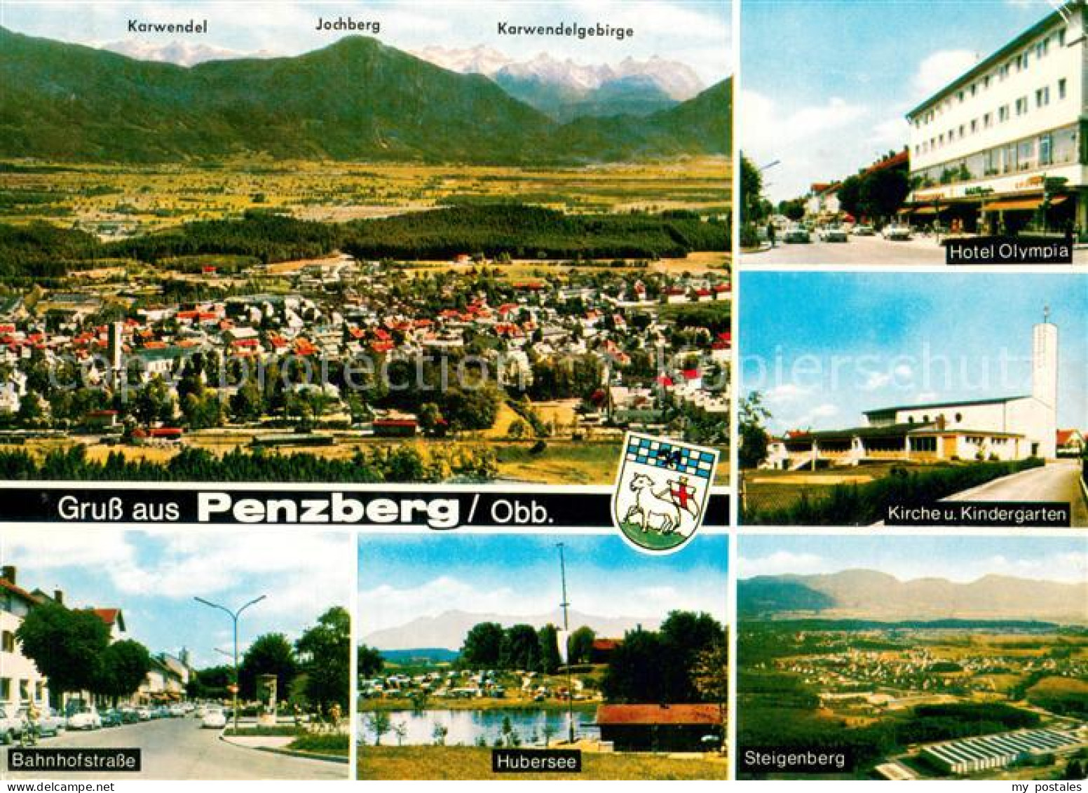 Penzberg Panorama mit Karwendelgebirge Hotel Olympia Kirche Kindergarten Bahnhof
