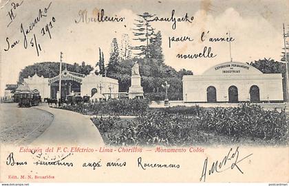 Perú - LIMA - Estacion del Ferrocarril Eléctrico Lima-Chorillos - Monumento Colon - Ed. M. N. Benarides