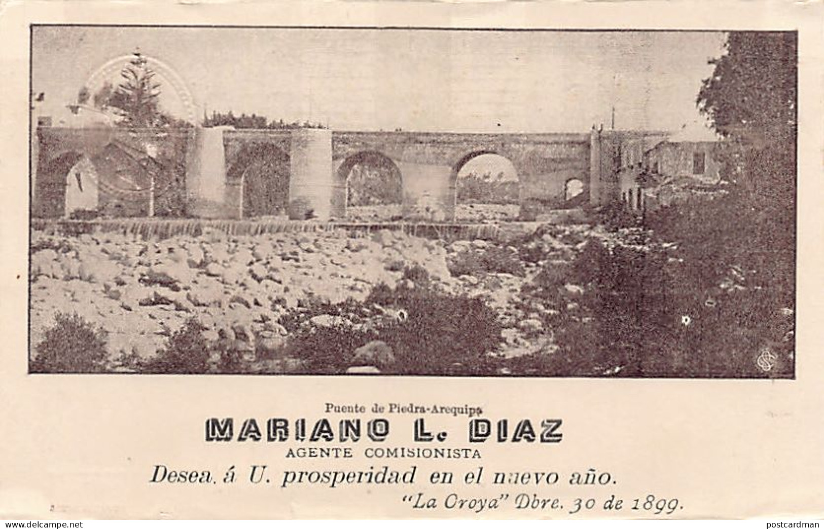 Perú - AREQUIPA - Puente de Piedra - Mariano L. Diaz - Año Nuevo 1900 - Ed. Correos del Peru