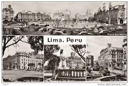 Lima Peru Multi-view Real Photo Postcard, Plaza San Martin, Hotel Bolivar, Edificio Boza, Postally Used