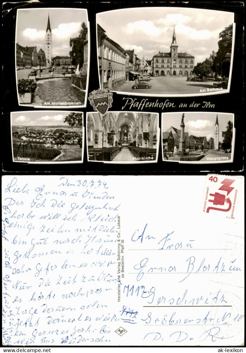 Pfaffenhofen (Ilm) Mehrbild-AK Marienbrunnen, Rathaus, Pfarrkirche 1974