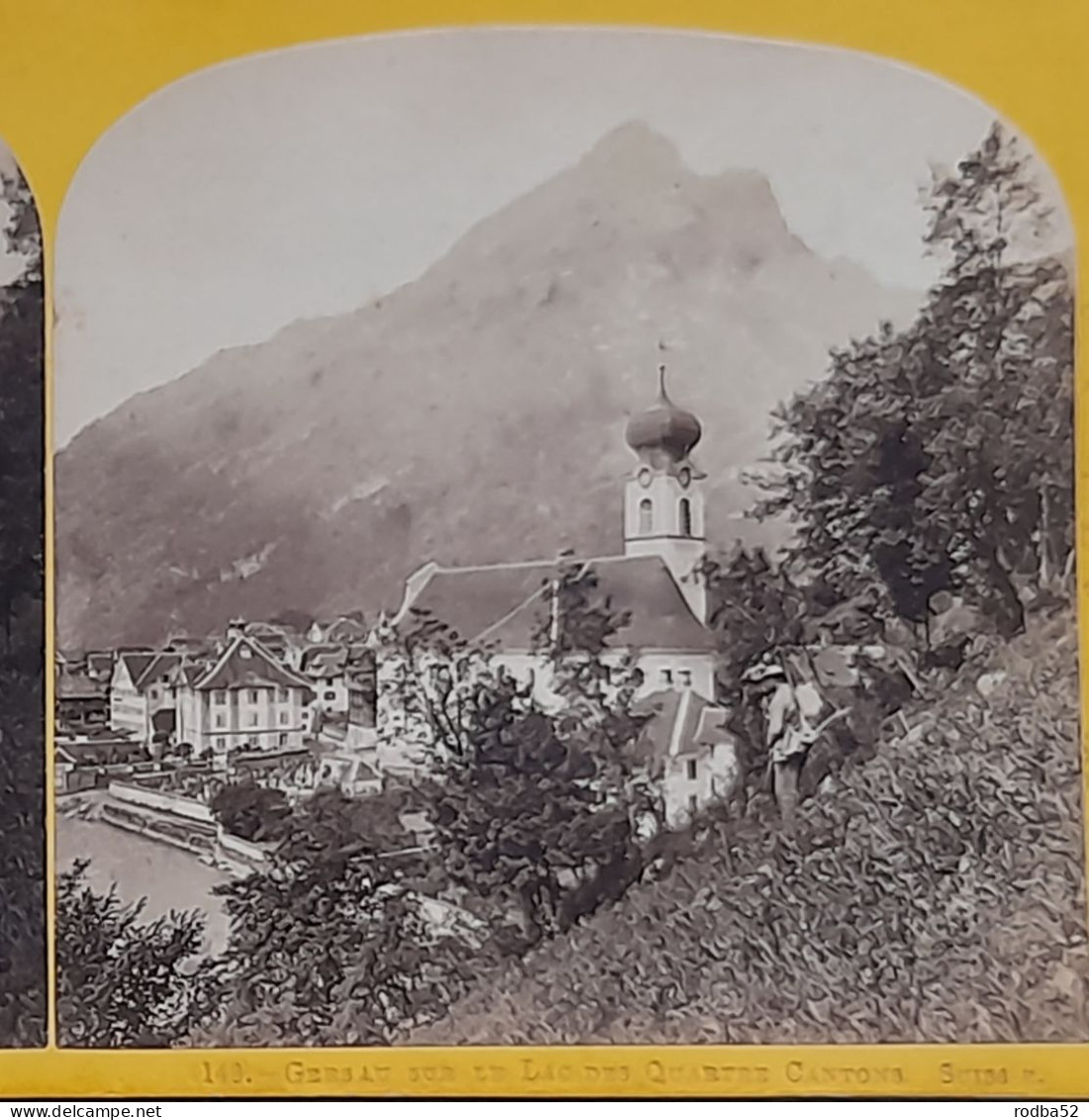 Photo ancienne stéréoscopique Gersau lac des quatre cantons The Alpine club