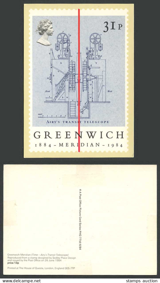 PHQ Card Greenwich 1884 Meridian 1984 Airy's Transit Telescope QE2. 31p Postcard