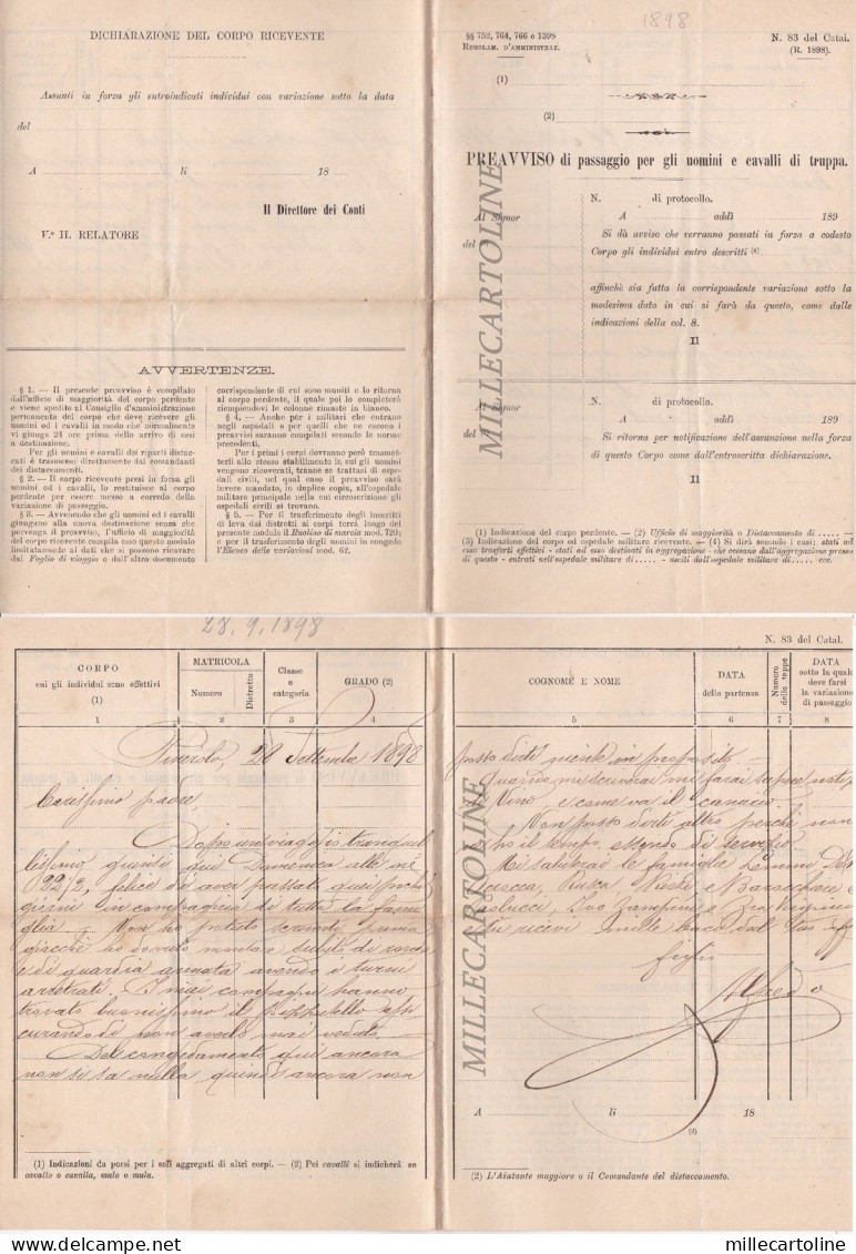 PINEROLO: 1898 preavviso di passaggio per uomini e cavalli di truppe - modulo...