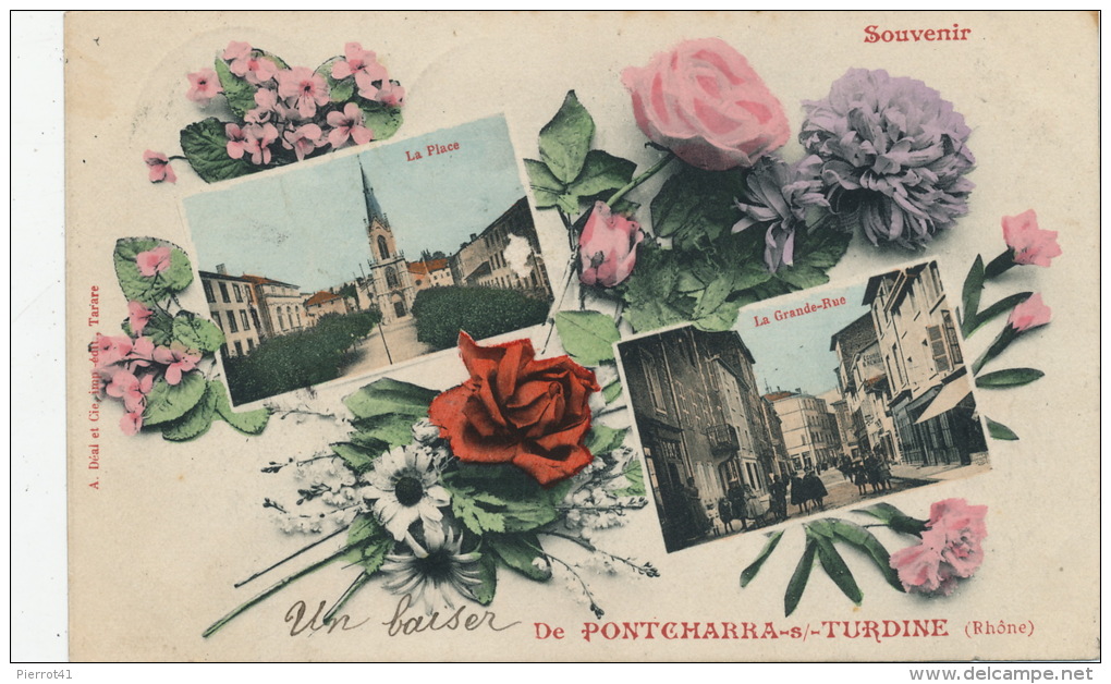 PONTCHARRA SUR TURDINE - Jolie carte fantaisie fleurs avec vues multiples " Souvenir de Pontcharra sur Turdine"