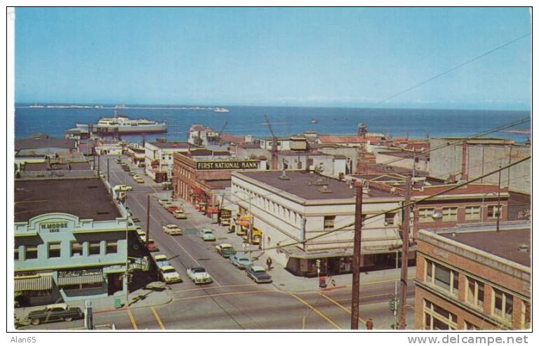 Port Angeles Washington, Ellis 1950s Vintage Postcard, Autos, Canada Ferry, Bank