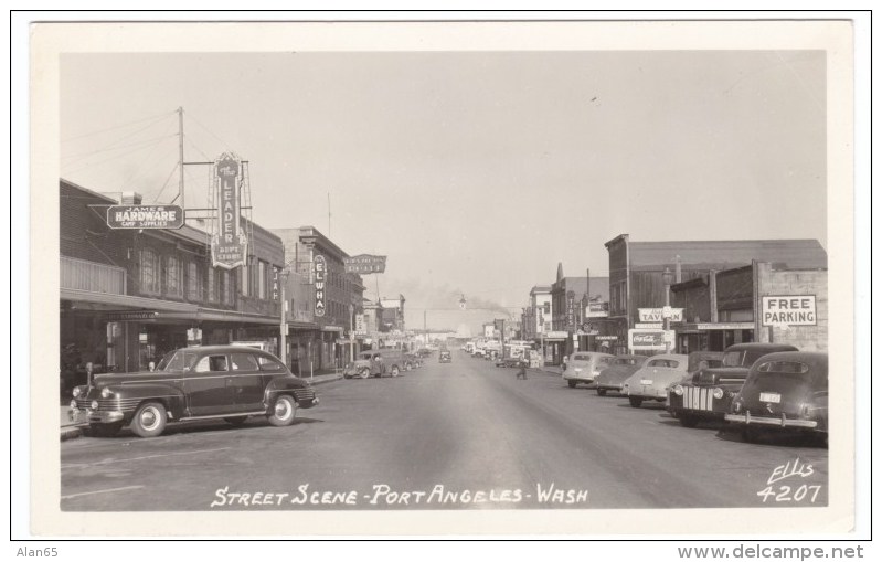 Port Angeles Washington, Street Scene Business District, Elwha Theater, c1940s Vintage Real Photo Postcard