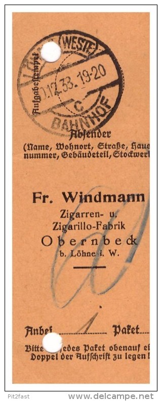 Post - Paketschein , Zigarrenfabrik Windmann in Obernbeck b. Löhne i.W., 1938 , Cigarren , Zigarillo !!!