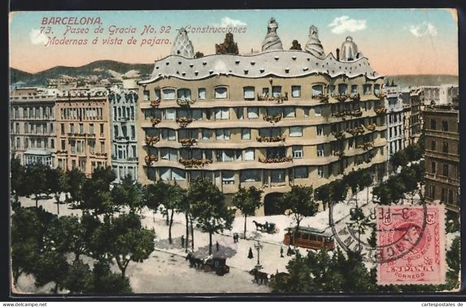 Postal Barcelona, Paseo de Gracia No. 92, Construcciones Modernas a vista de pajaro, Strassenbahn