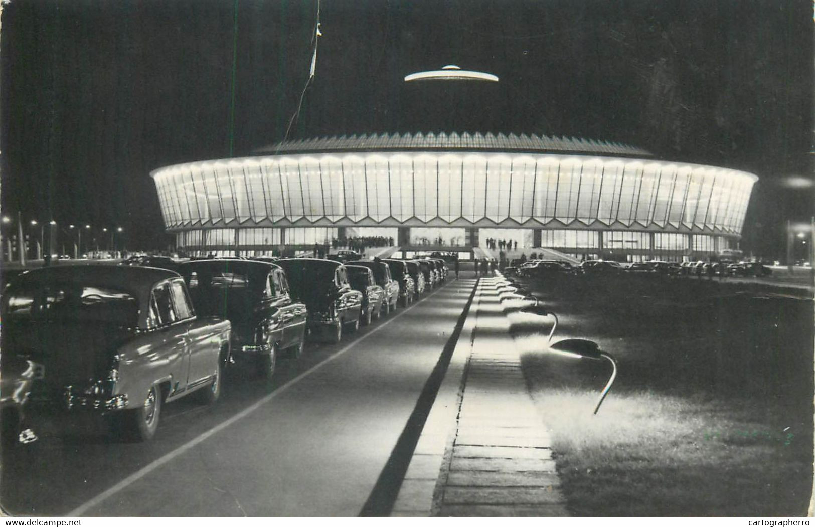 Postcard aspect nocturn Pavilionul 4 de mostre Expozitiei Economiei Nationale Bucuresti Romania