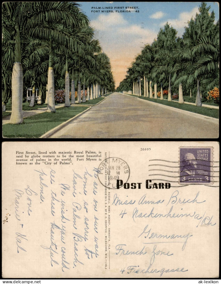 Postcard Fort Myers PALM-LINED FIRST STREET 1949
