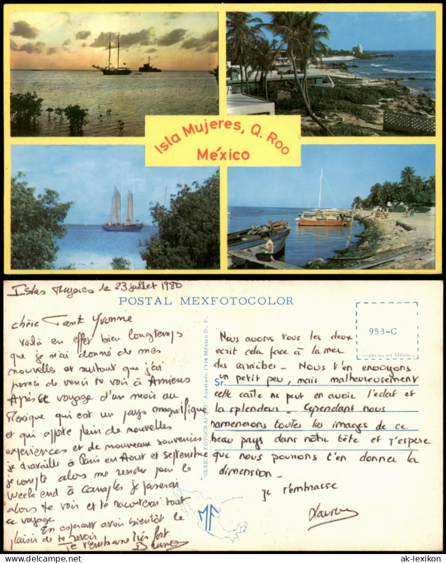 Postcard Isla Mujeres Mehrbildkarte mit Küstenansichten und Booten 1980