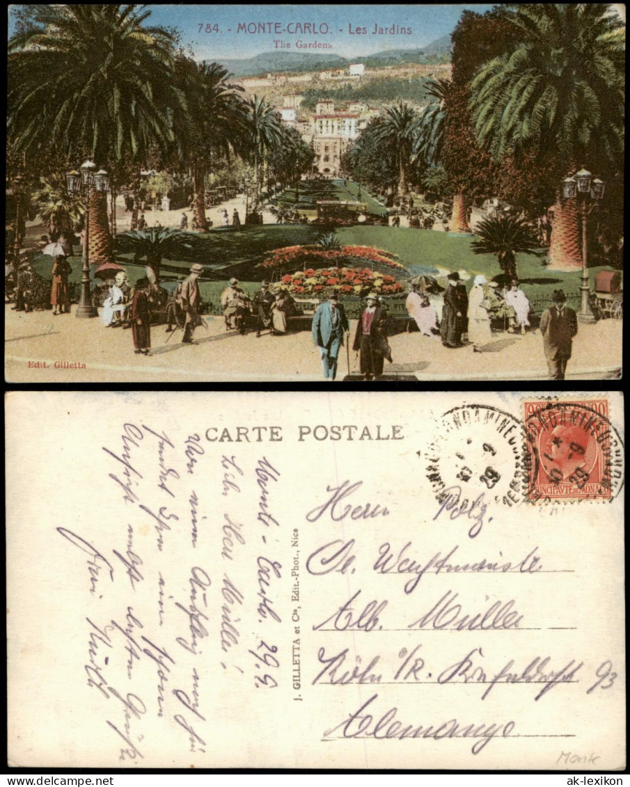 Postcard Monaco The Gardens 1929  gel. Briefmarle Monaco