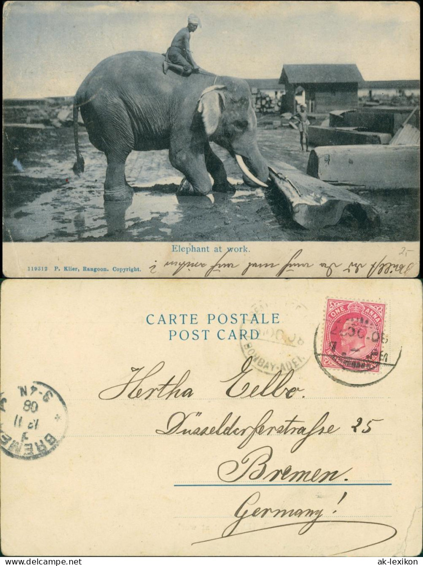 Postcard Myanmar Elefant bei der Arbeit, Elephant at work 1908