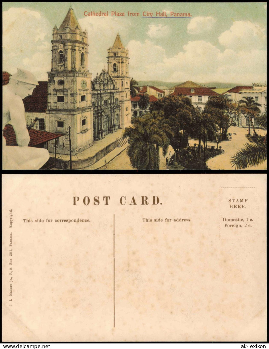 Postcard Panama City Cathedral Plaza from City Hall 1913