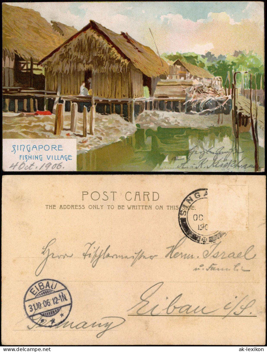 Postcard Singapur FISHING VILLAGE (Künstlerkarte Art Postcard) 1906