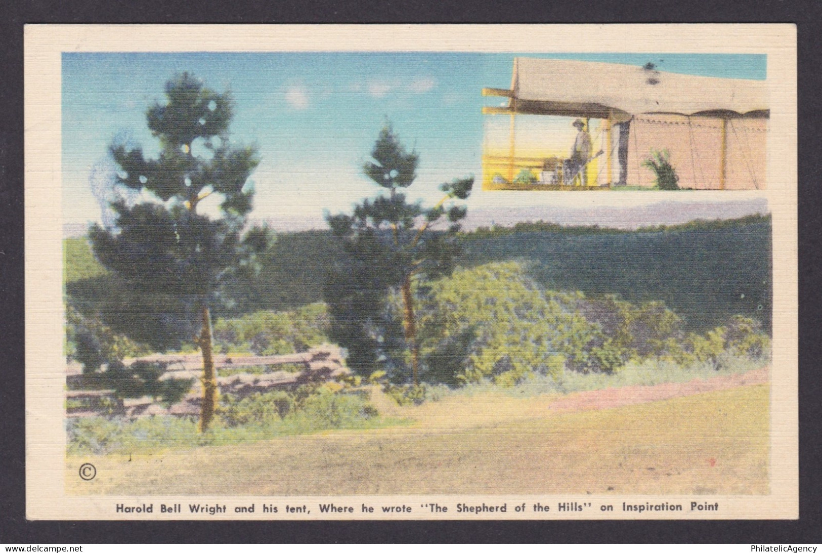 Postcard, United States, Branson MO, Harold Bell Wright and his tent