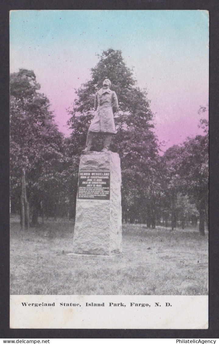 Postcard, United States, Fargo ND, Wergeland Statue, Island Park