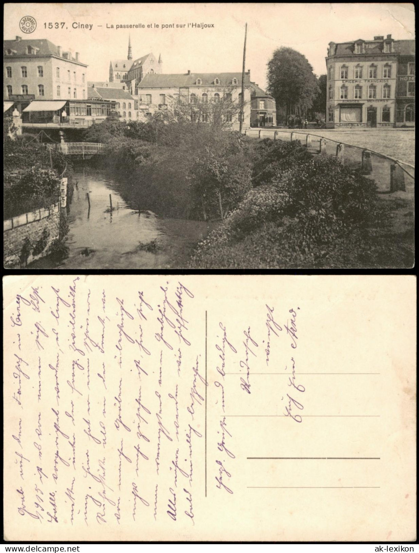 Postkaart Ciney Ciney La passerelle et le pont sur l'Haljoux 1910