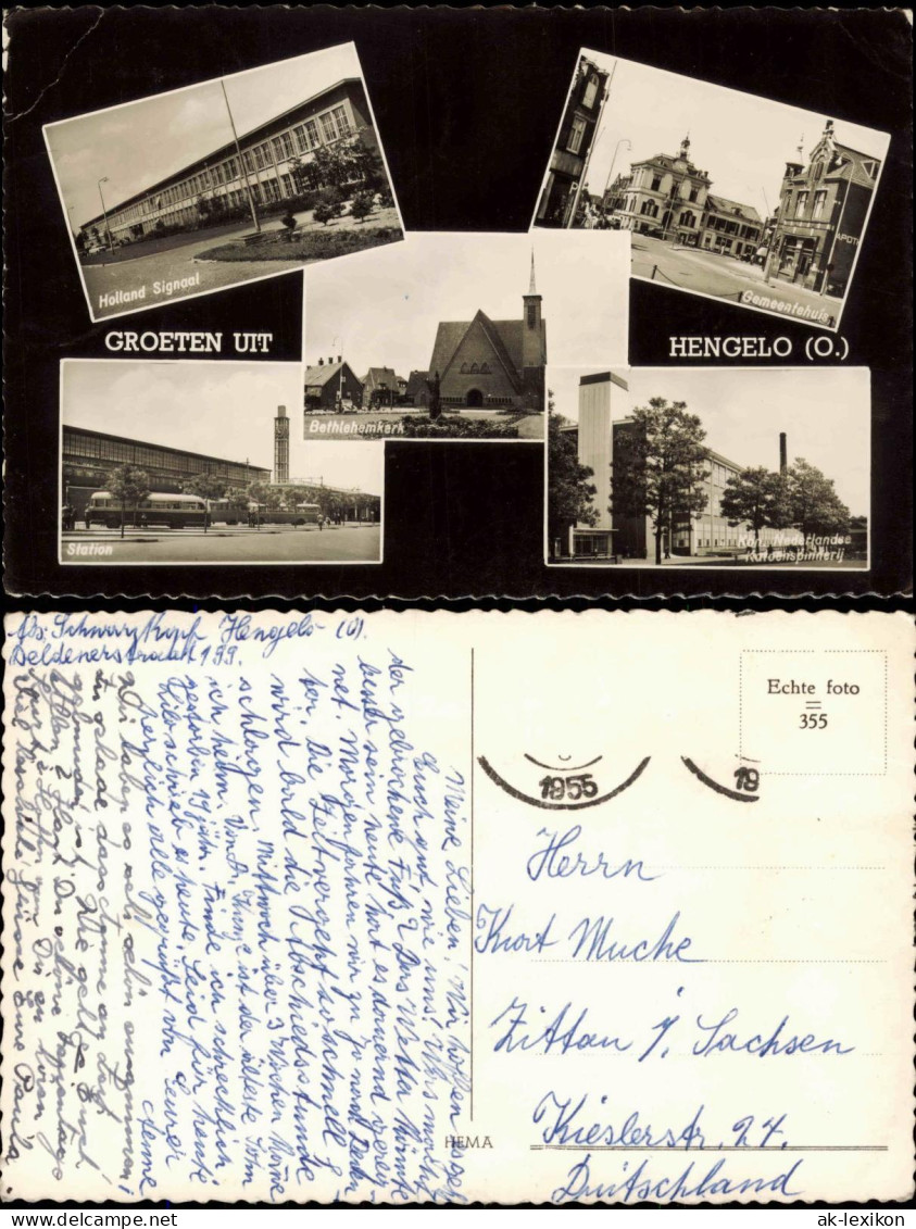 Postkaart Hengelo Bethlehemkerk Gemeentehuis Station MB 1962