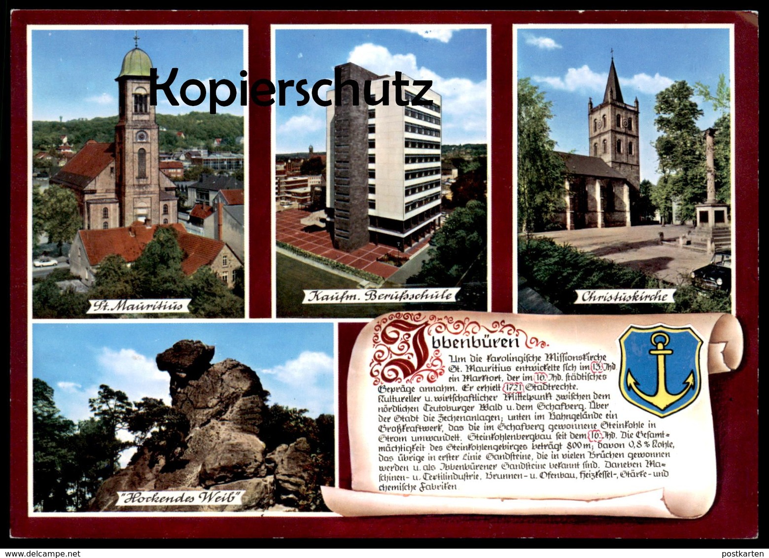POSTKARTE IBBENBÜREN BERUFSSCHULE SCWAPPEN & GESCHICHTE CHRONIK Chronikkarte chronique chronicle storycard Ansichtskarte