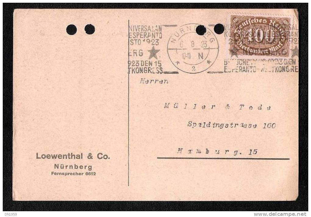 POSTKARTE MIT WELTKONGRESS STEMPEL ESPERANTO 1923 NÜRNBERG  NACH HAMBURG