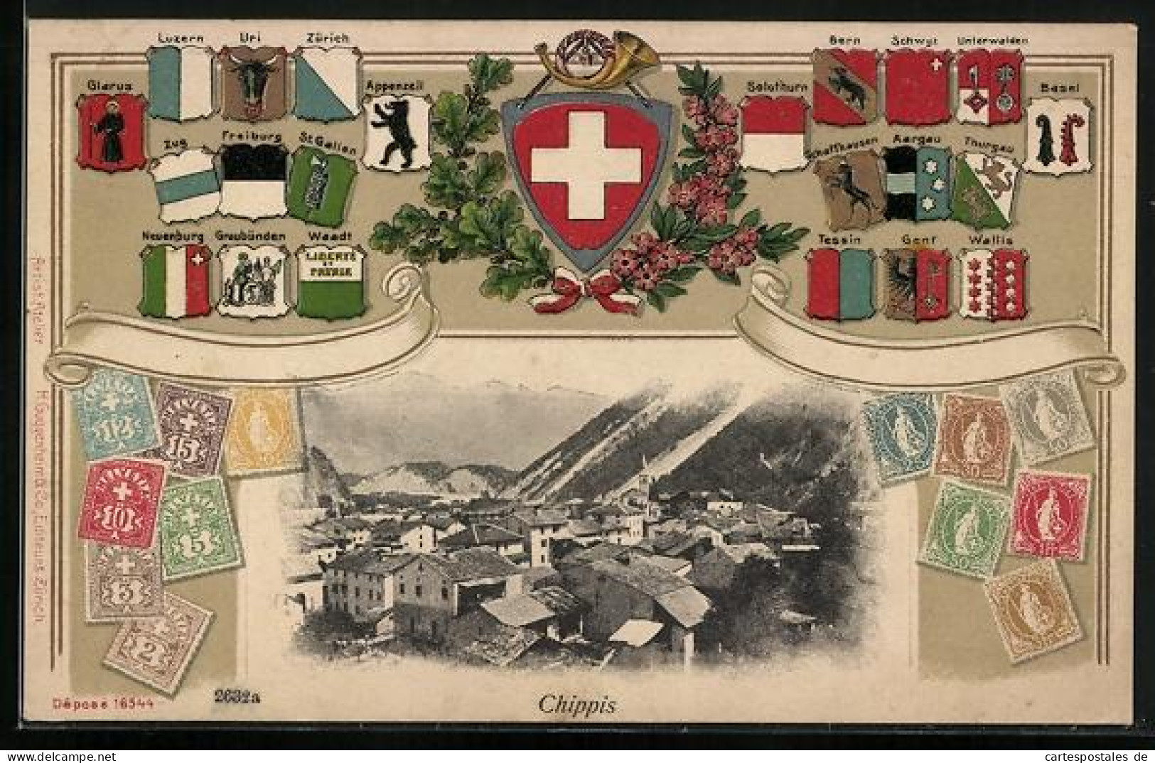 Präge-AK Chippis, Ortsansicht im Passepartout mit Wappen und Briefmarken