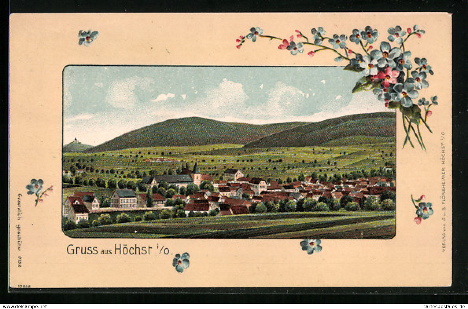 Präge-Lithographie Höchst i. O., Teilansicht mit Kirche