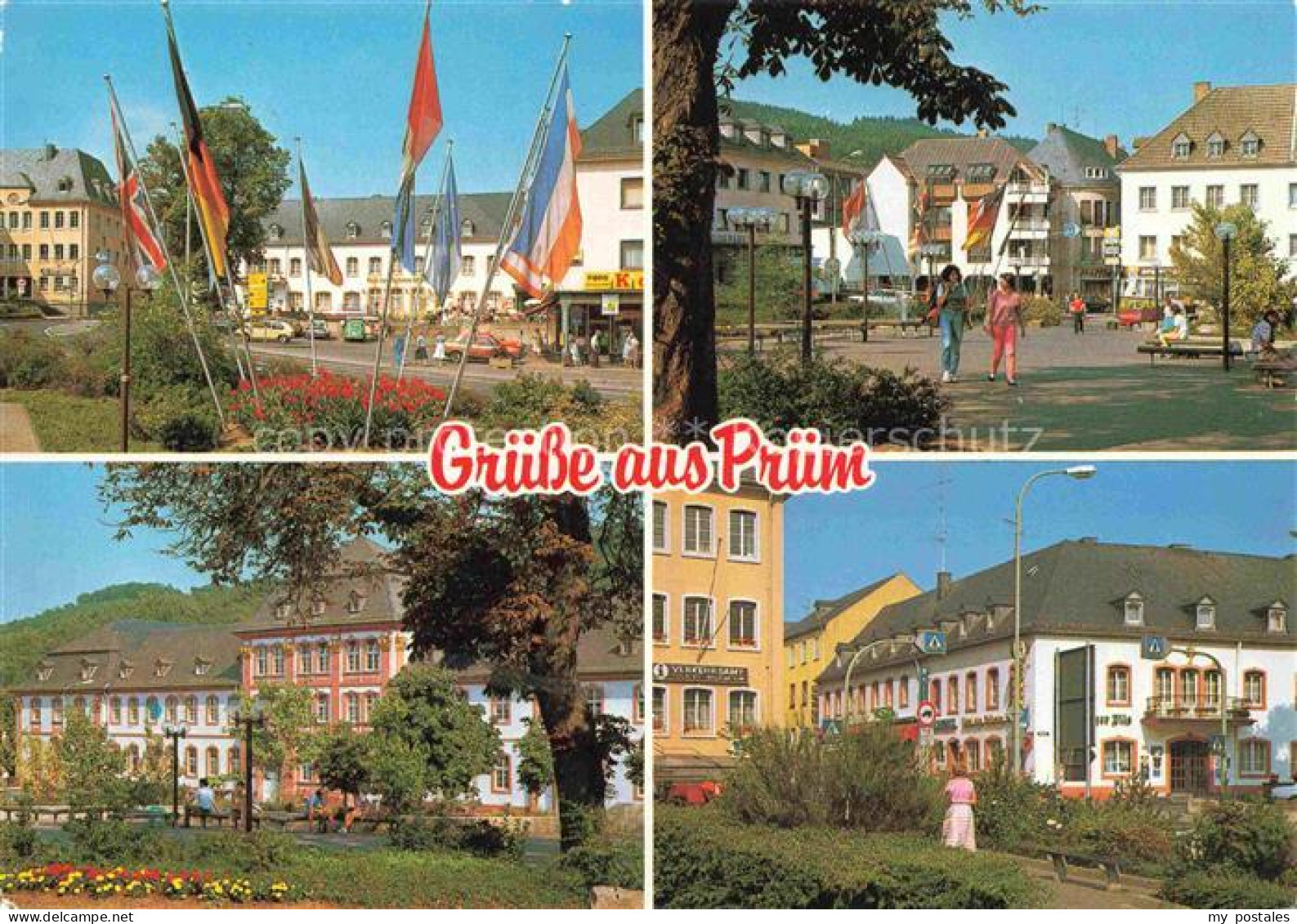 Pruem Eifel Rheinland-Pfalz Marktplatz Fahnen Fussgaengerzone Abtei-Pruem Eifel