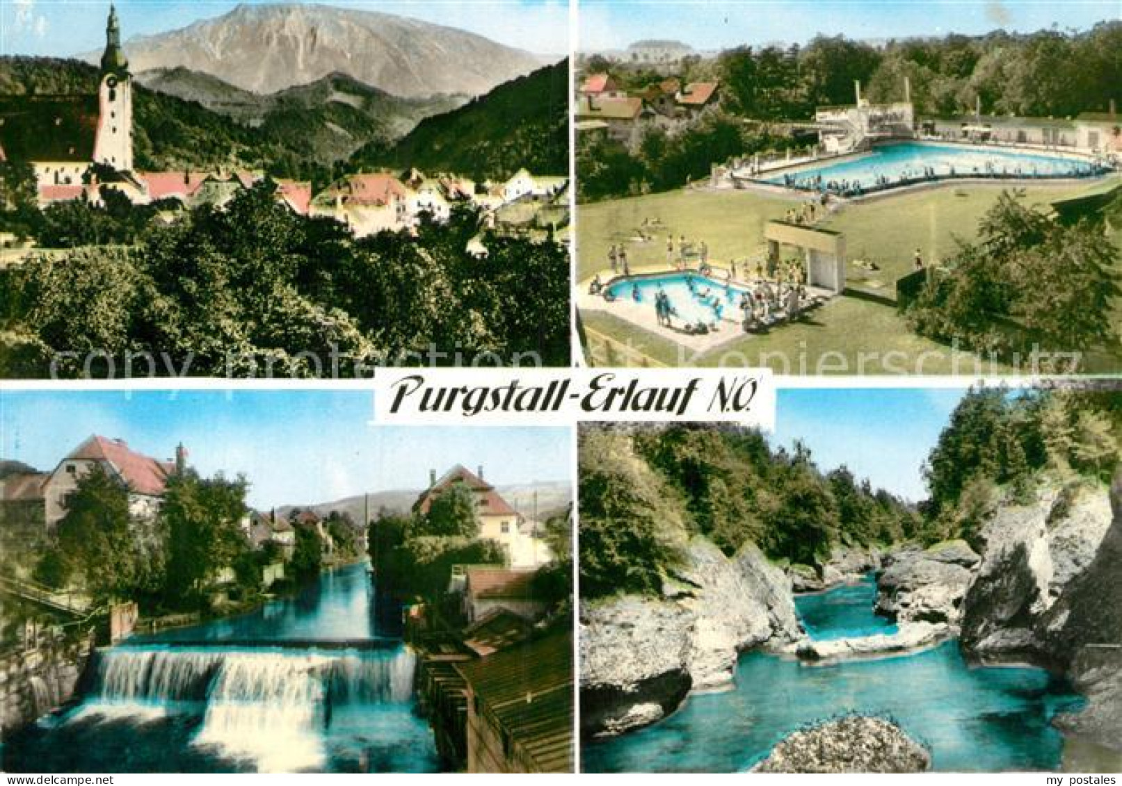 Purgstall Erlauf Ortsansicht mit Kirche Freibad Erlauf Wehr Flusslauf Felsen