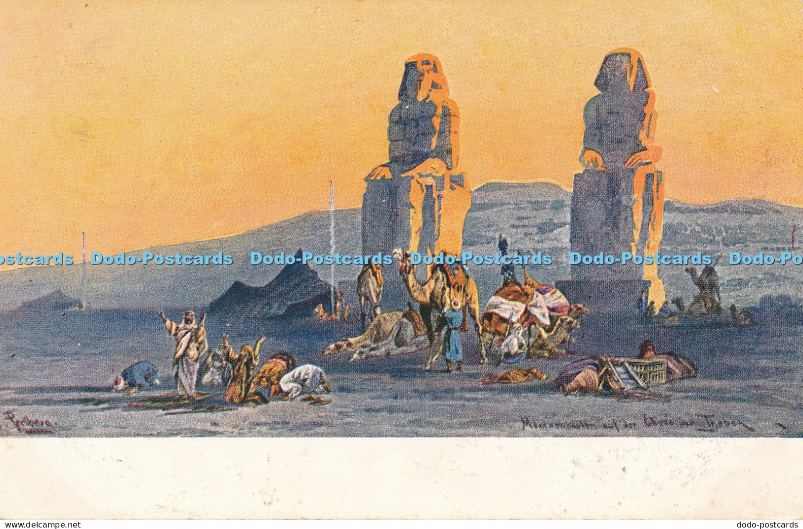 R034843 Old Postcard People and Camels Statues