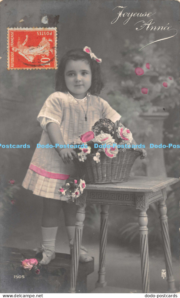 R171538 Joyeuse Annee. Girl. Flowers. Old Photography. Postcard