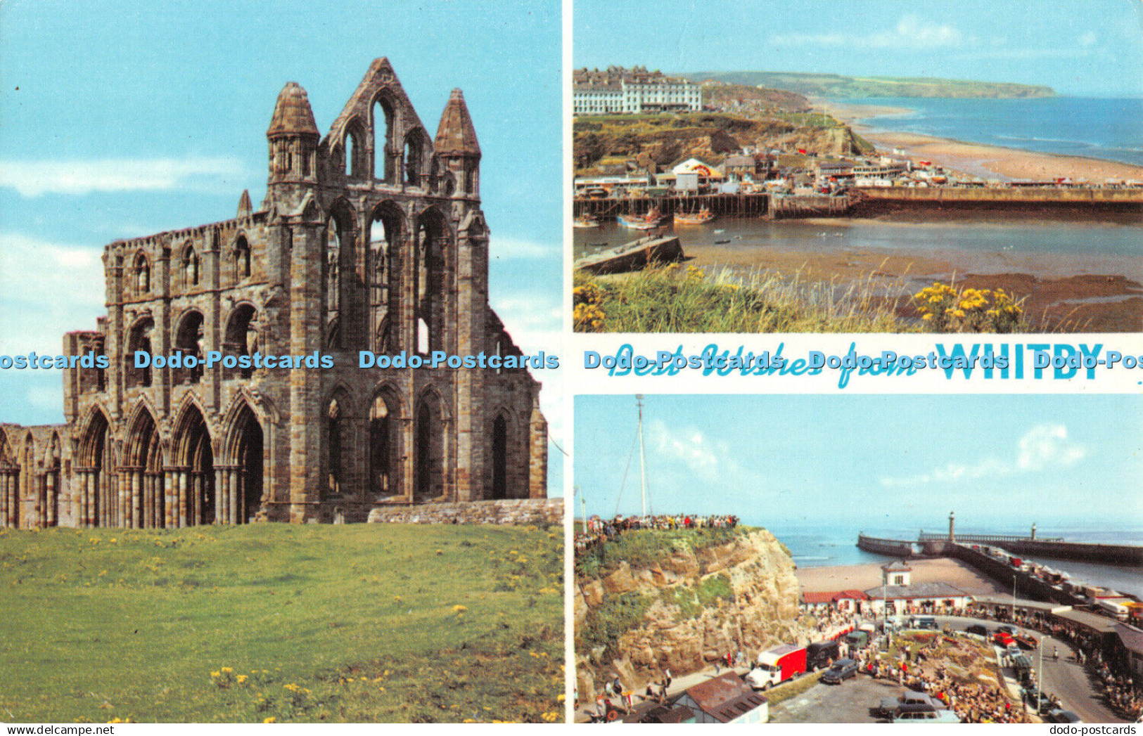 R303803 Best Wishes from Whitby Whitby Abbey The Harbour and West Cliff Khyber P