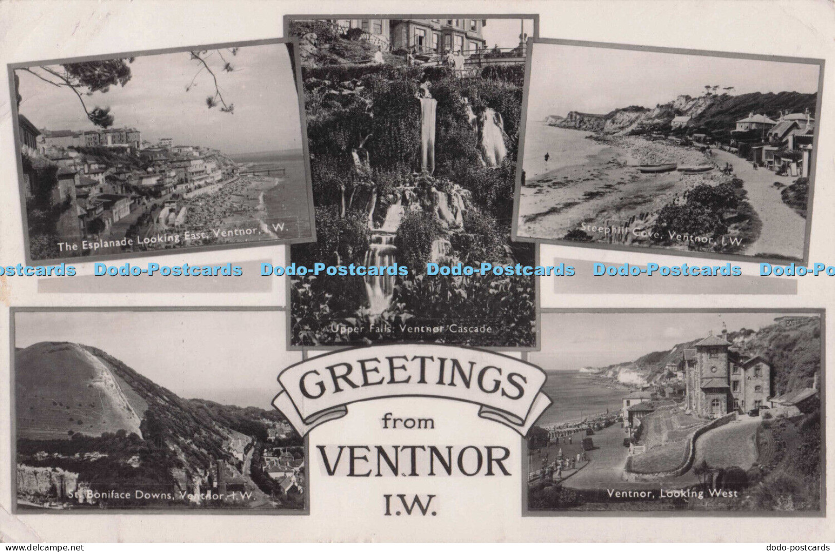R694606 I. W. Greetings from Ventnor. Ventnor Looking West. Upper Falls. Ventnor