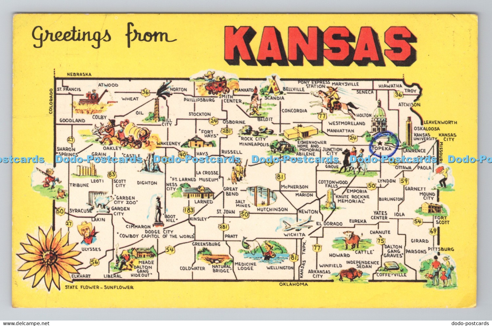 R788108 Greetings From Kansas. Sunflower State. Dexter Press. PM. Topeka. 1967