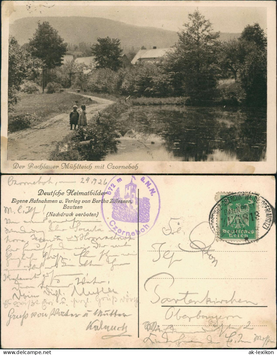 Rachlau Kubschütz Rachlow Der  Mühlteich mit Czorneboh 1926  Nahnpoststempel