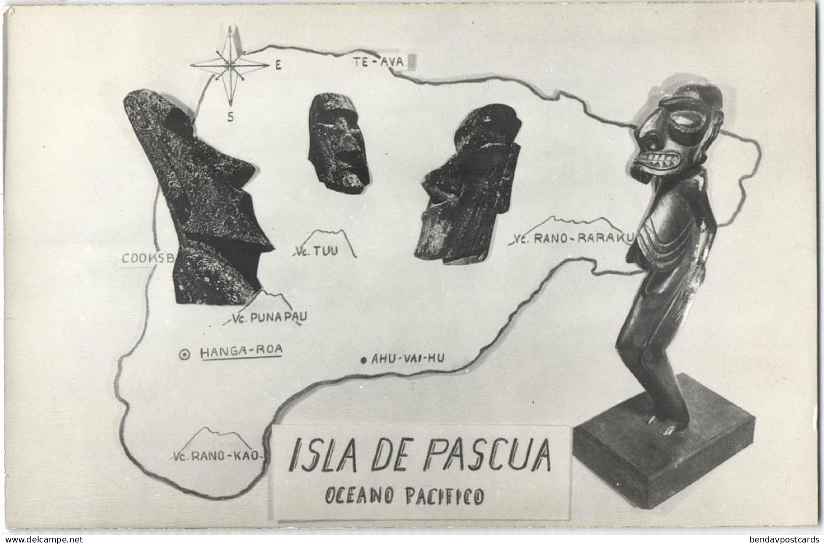 RAPA NUI, Easter Island, Map with Volcanoes, Stone Statues, Wood Carving (1950s) Polynesia