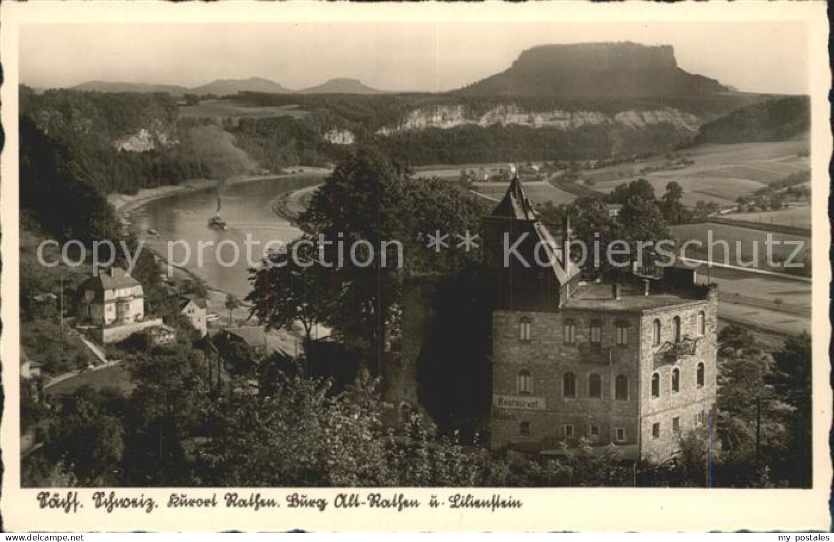 Rathen Saechsische Schweiz Burg Alt Rathen und Lilienstein Tafelberg Elbsandstei