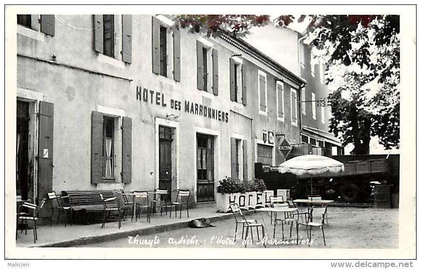 -ref-J202 - ardeche -  thueyts - l hotel des marronniers -  camion en plan arriere - carte bon etat -