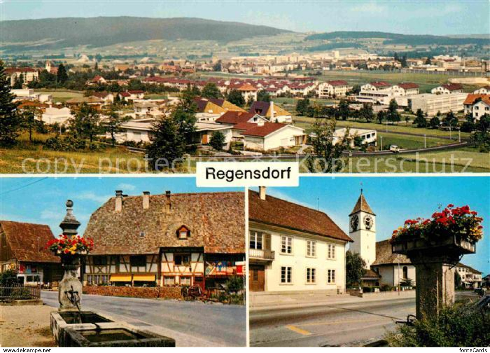 Regensdorf Panorama Hauptstrasse Brunnen Kirche