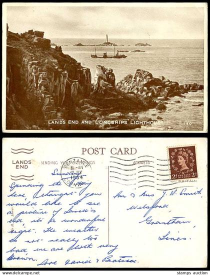 LAND'S END Longship Lighthouse Rocks Coast Cornwall 1954 Old Postcard H.T. James