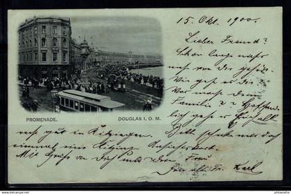 Douglas 1900 Carte postale 100% oblitéré Promenade, Ile de Man