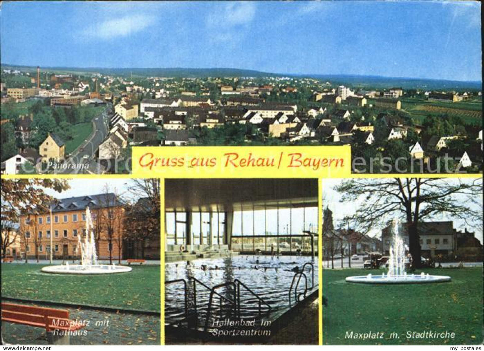 Rehau Oberfranken Panorama Maxplatz Rathaus Hallenbad Stadtkirche