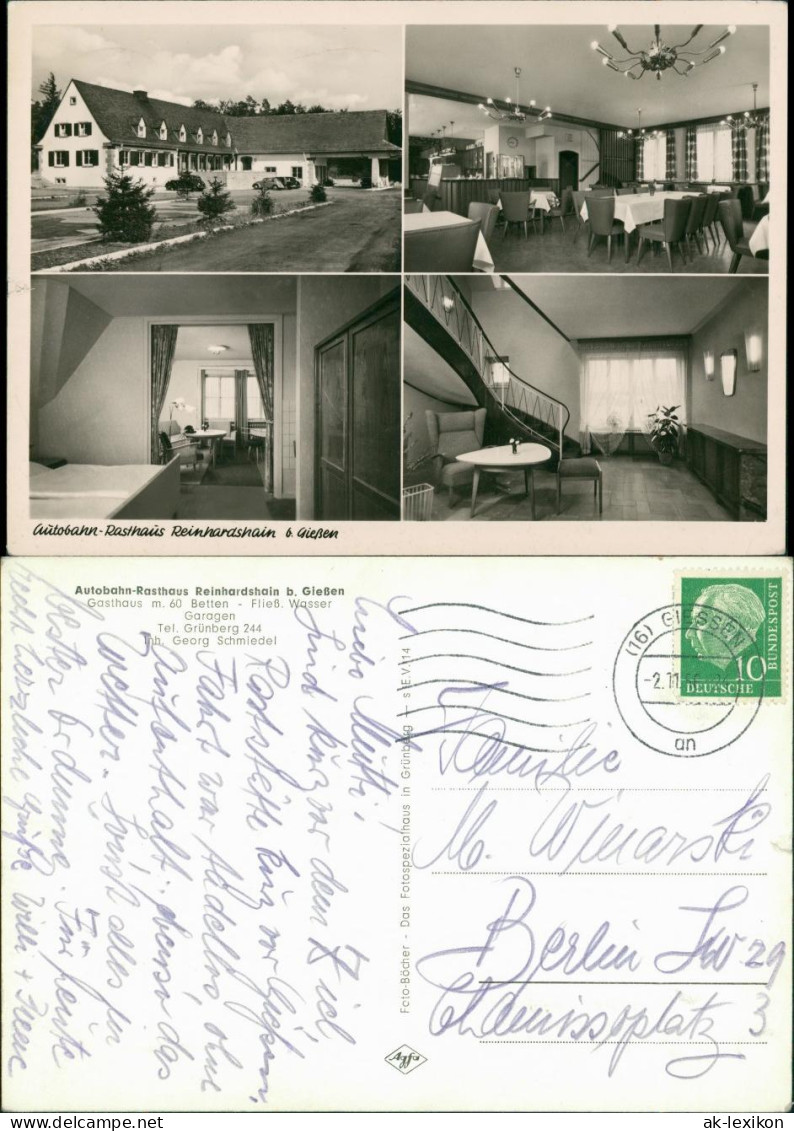 Reinhardshain-Grünberg (Hessen) Autobahn-Rasthaus Innen & Außen 1956 Stempel